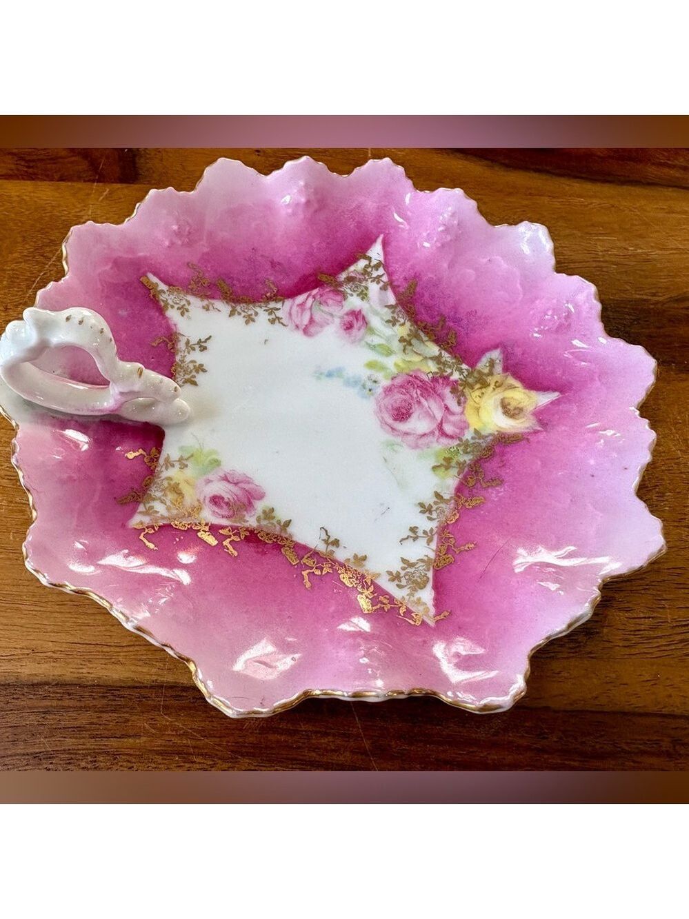 Vintage Pink Floral Candy Dish With Handle & Gold Etching